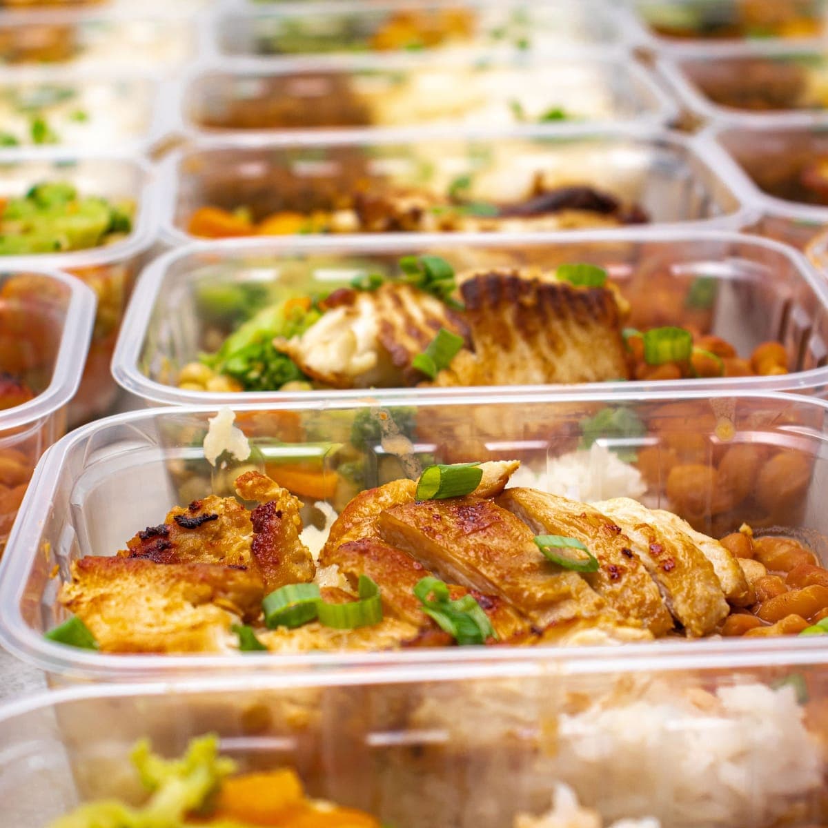 A week of prepped meals lined up in containers.
